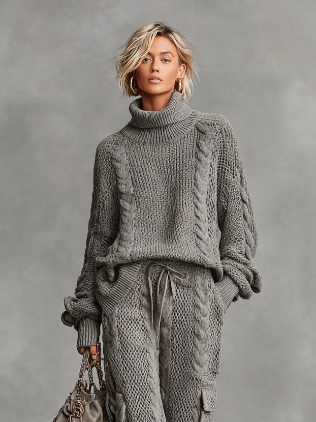 Mia™ | Cable Knit Turtleneck Sweater And Cargo Pants Set