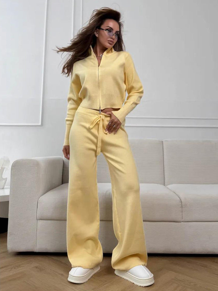 Emily™ | Drawstring Wide Leg Pants And Zip Jacket Set