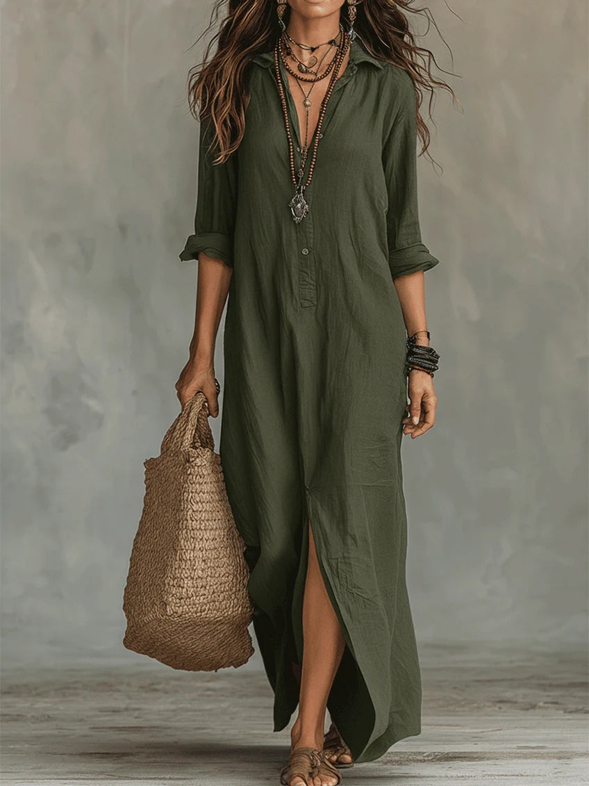 Soline™ | Relaxed V-Neck Button Maxi Dress