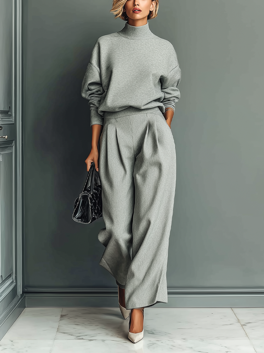 Jessica™ | Grey Blended Sweatshirt And Wide-Leg Pants Set