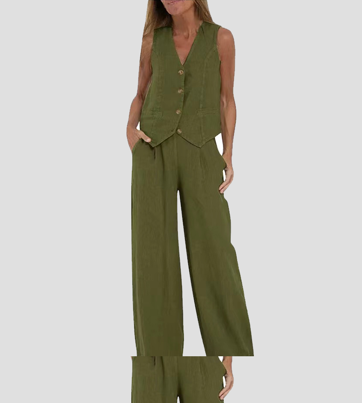 Aira™ – Buttoned Vest &amp; Wide-Leg Trousers Set