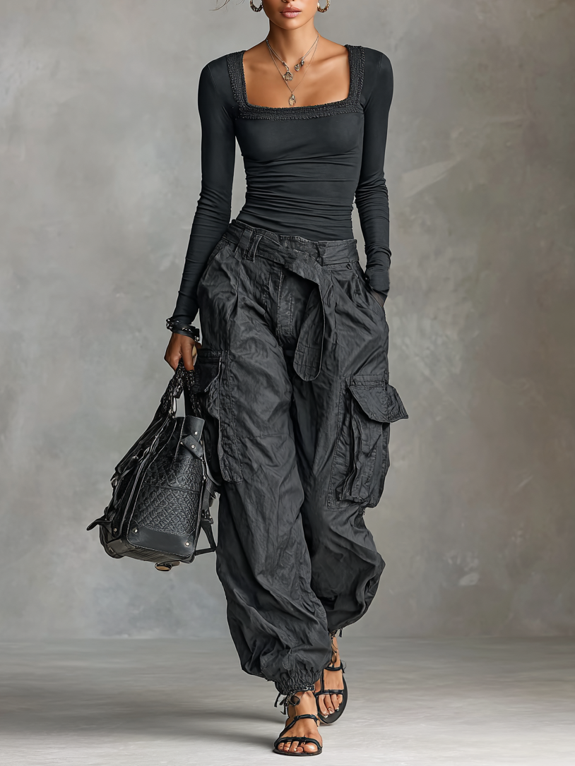 Jessica™ | Square Neck Long Sleeve T-Shirt And Cargo Pants Set