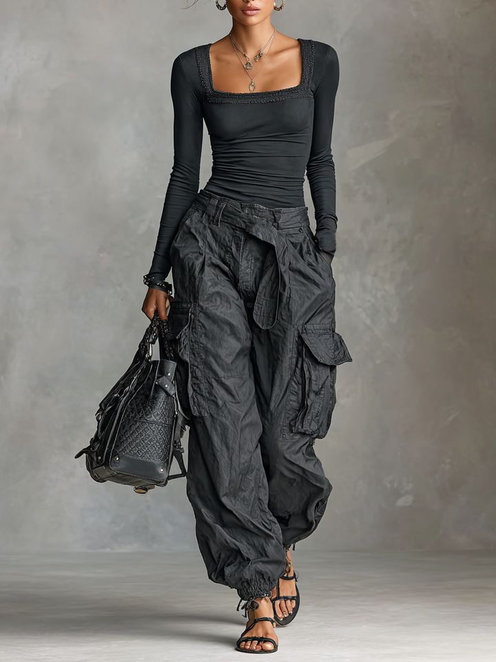 Jessica™ | Square Neck Long Sleeve T-Shirt And Cargo Pants Set