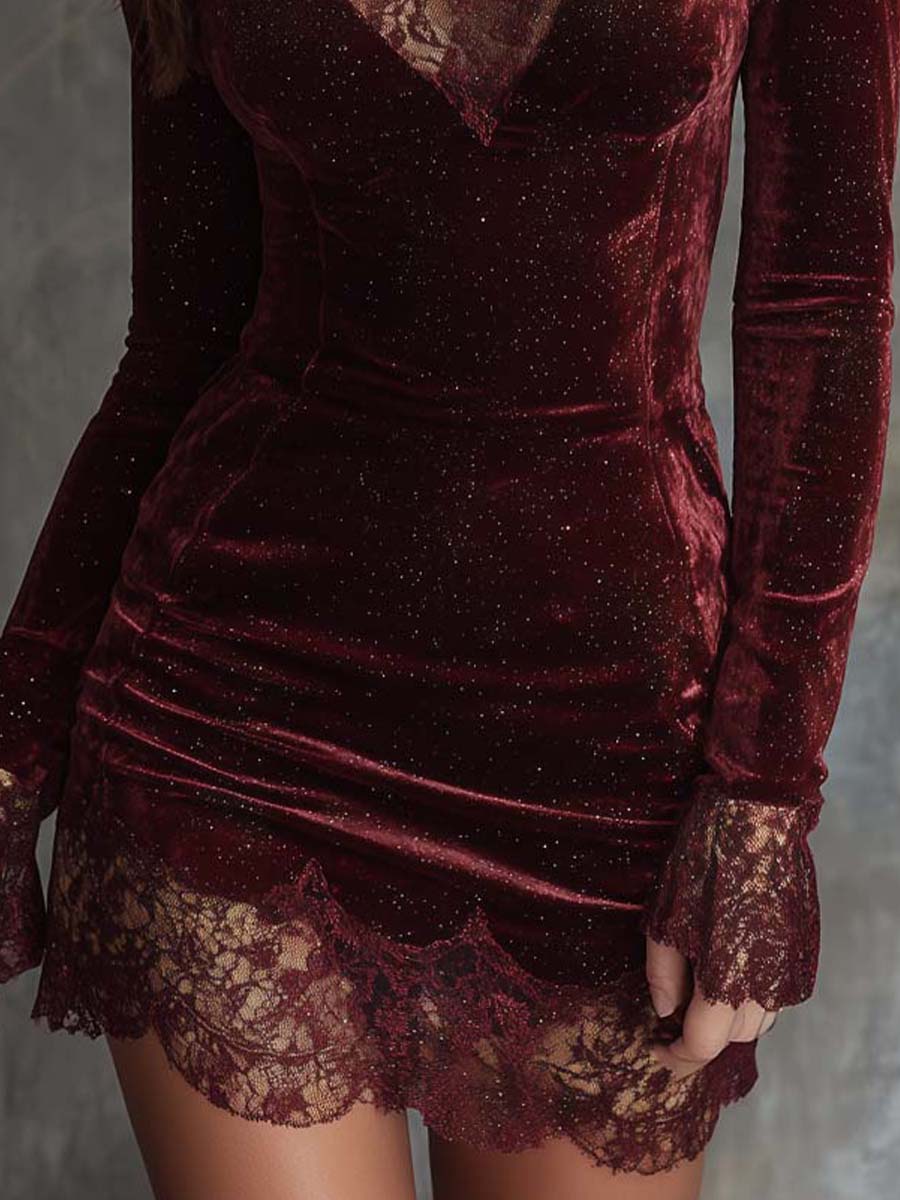 Isabella™ | Velvet Lace-Trimmed Mini Dress