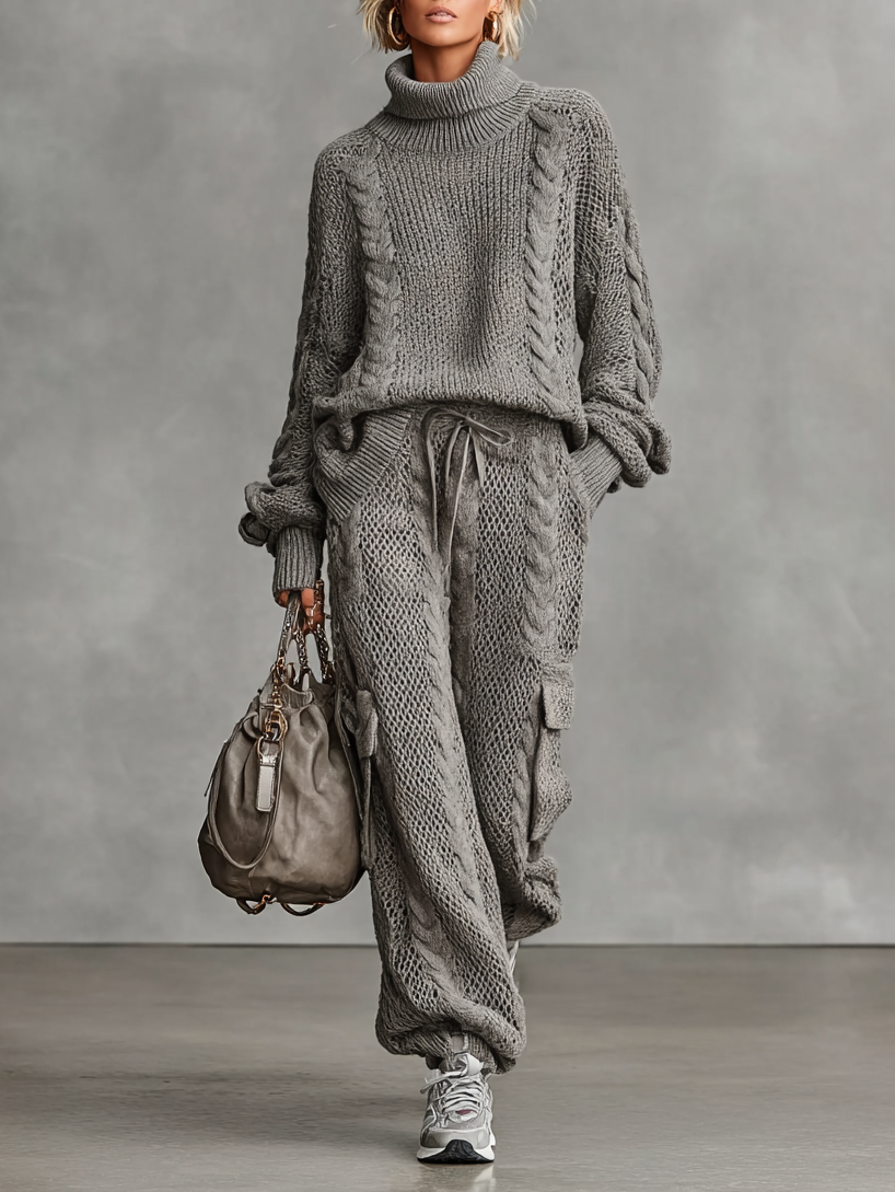 Mia™ | Cable Knit Turtleneck Sweater And Cargo Pants Set