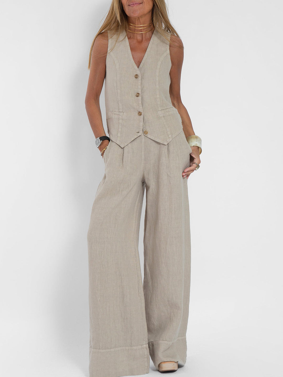 Aira™ – Buttoned Vest &amp; Wide-Leg Trousers Set