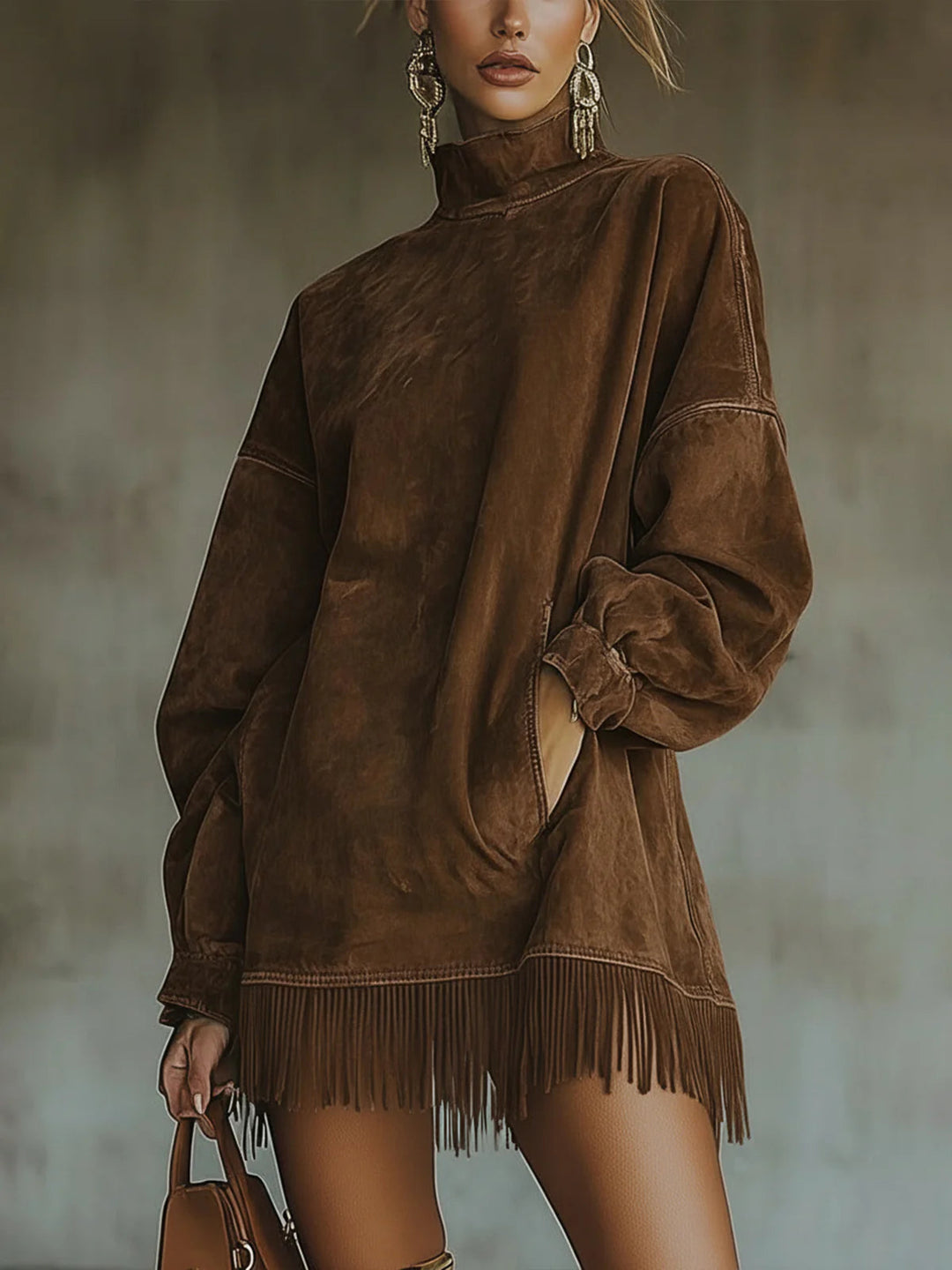 Sophie™ | Suede Dress With High Neck And Fringes