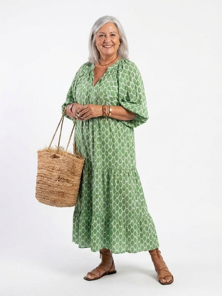 Isabelle™ | Three Quarter Sleeve V Neck Midi Dress