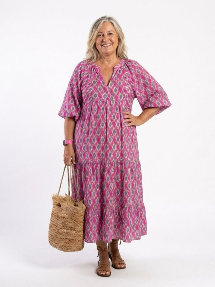 Isabelle™ | Three Quarter Sleeve V Neck Midi Dress