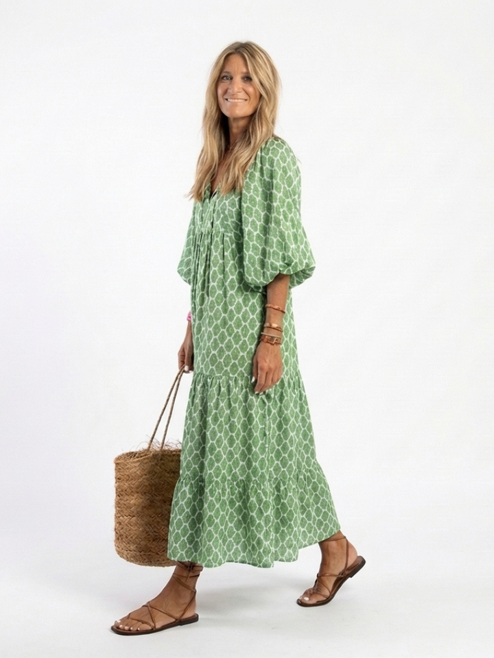 Isabelle™ | Three Quarter Sleeve V Neck Midi Dress