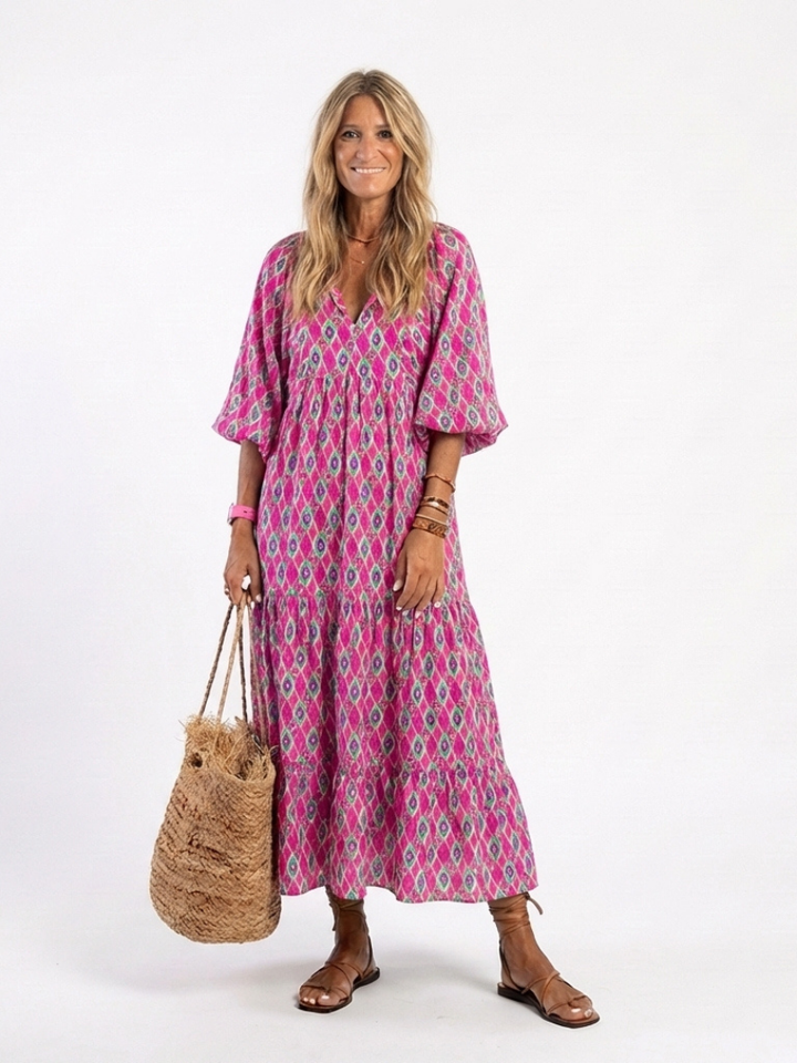 Isabelle™ | Three Quarter Sleeve V Neck Midi Dress