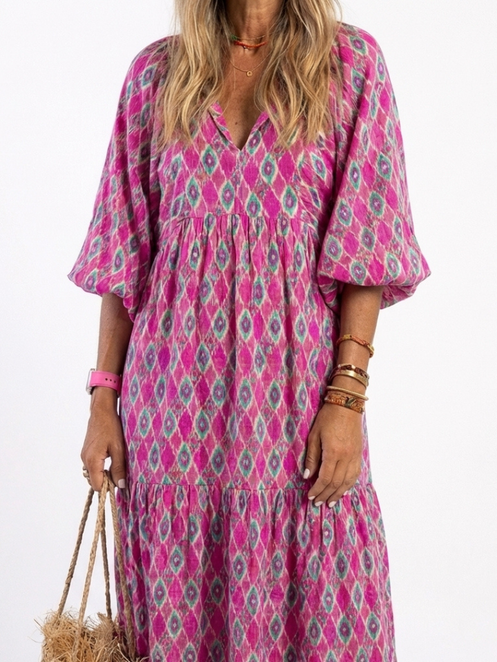 Isabelle™ | Three Quarter Sleeve V Neck Midi Dress