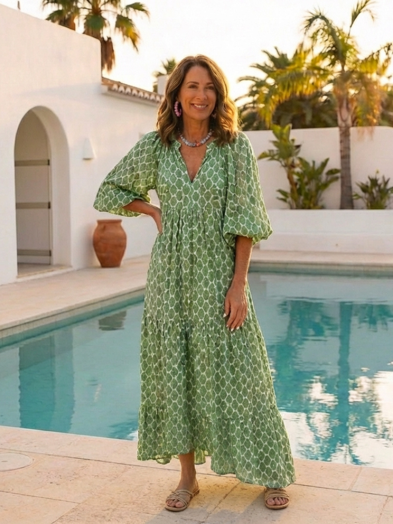 Isabelle™ | Three Quarter Sleeve V Neck Midi Dress