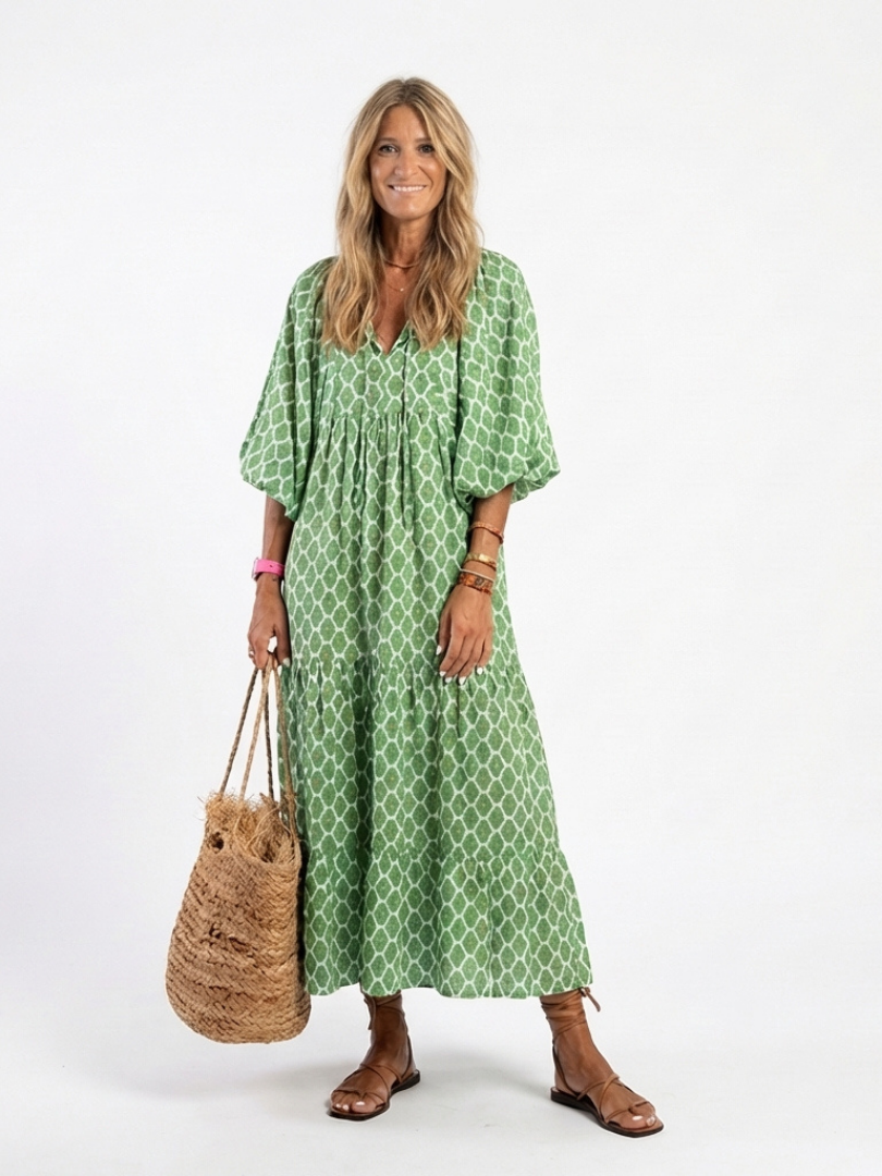 Isabelle™ | Three Quarter Sleeve V Neck Midi Dress