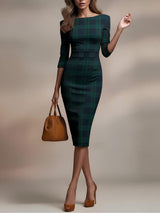 Lila™ | Plaid Three-Quarter Sleeve Midi Dress