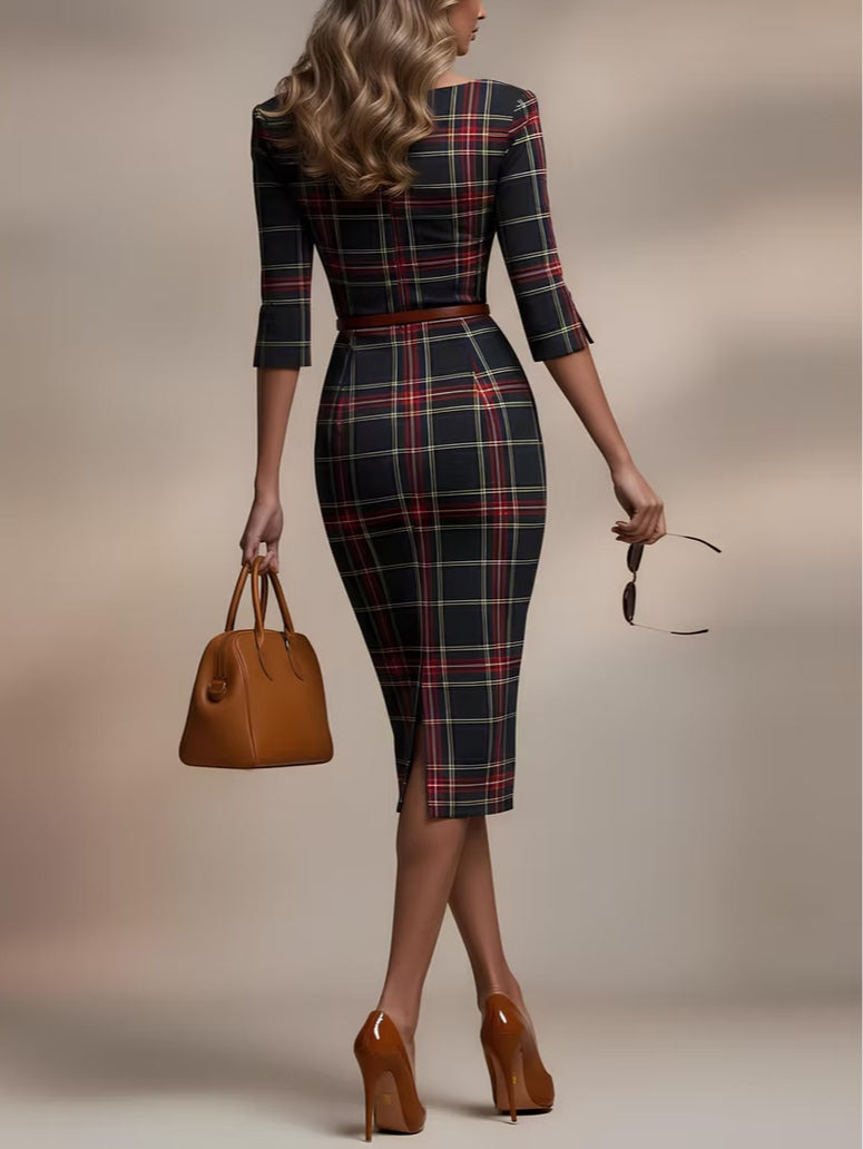 Lila™ | Plaid Three-Quarter Sleeve Midi Dress