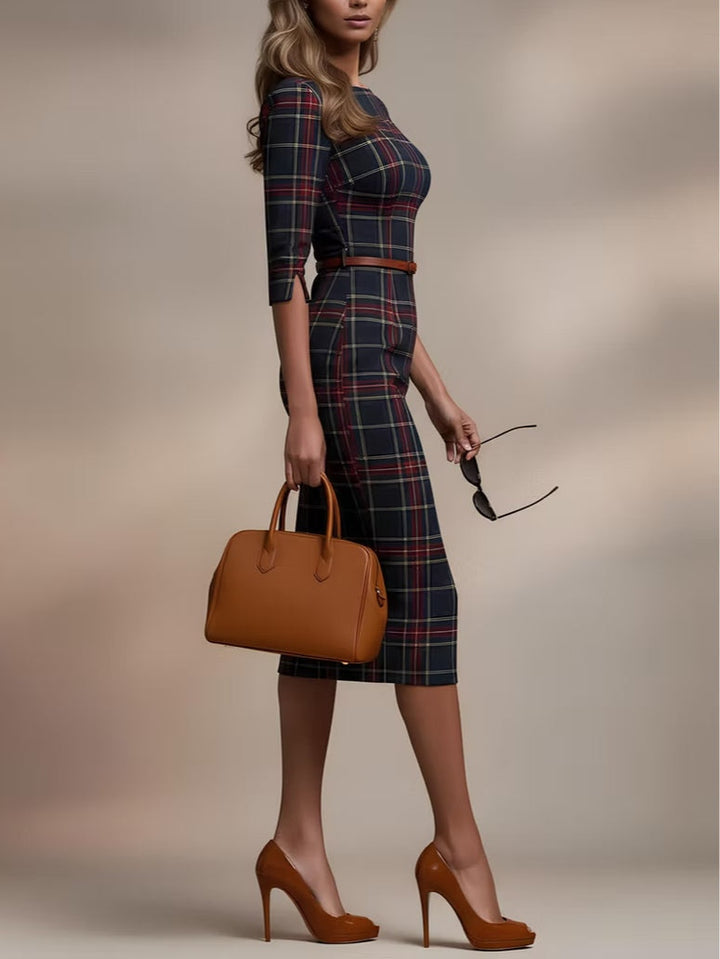 Lila™ | Plaid Three-Quarter Sleeve Midi Dress