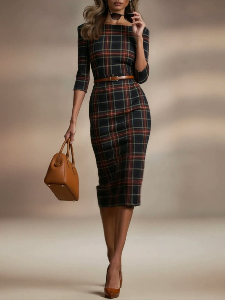 Lila™ | Plaid Three-Quarter Sleeve Midi Dress
