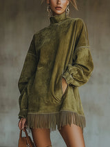 Sophie™ | Suede Dress With High Neck And Fringes