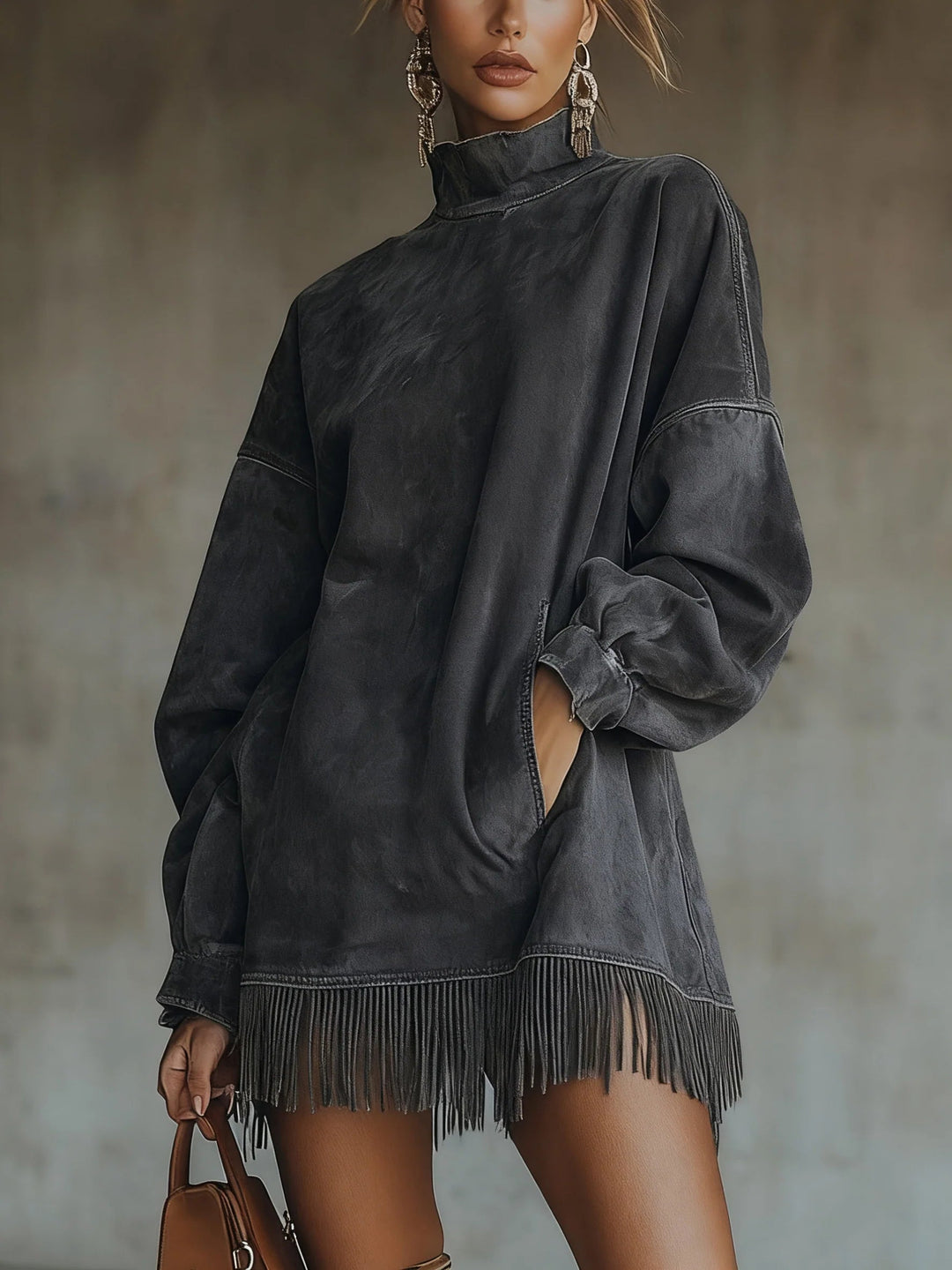 Sophie™ | Suede Dress With High Neck And Fringes