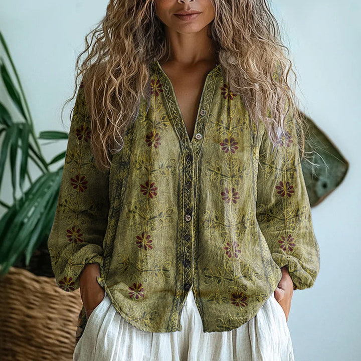 Brianna™ | Vintage Leaf Print Shirt