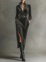 Isabelle™ | Corduroy Dress With Tie Neck And Side Slits