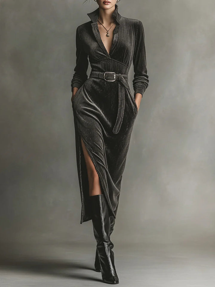 Isabelle™ | Corduroy Dress With Tie Neck And Side Slits