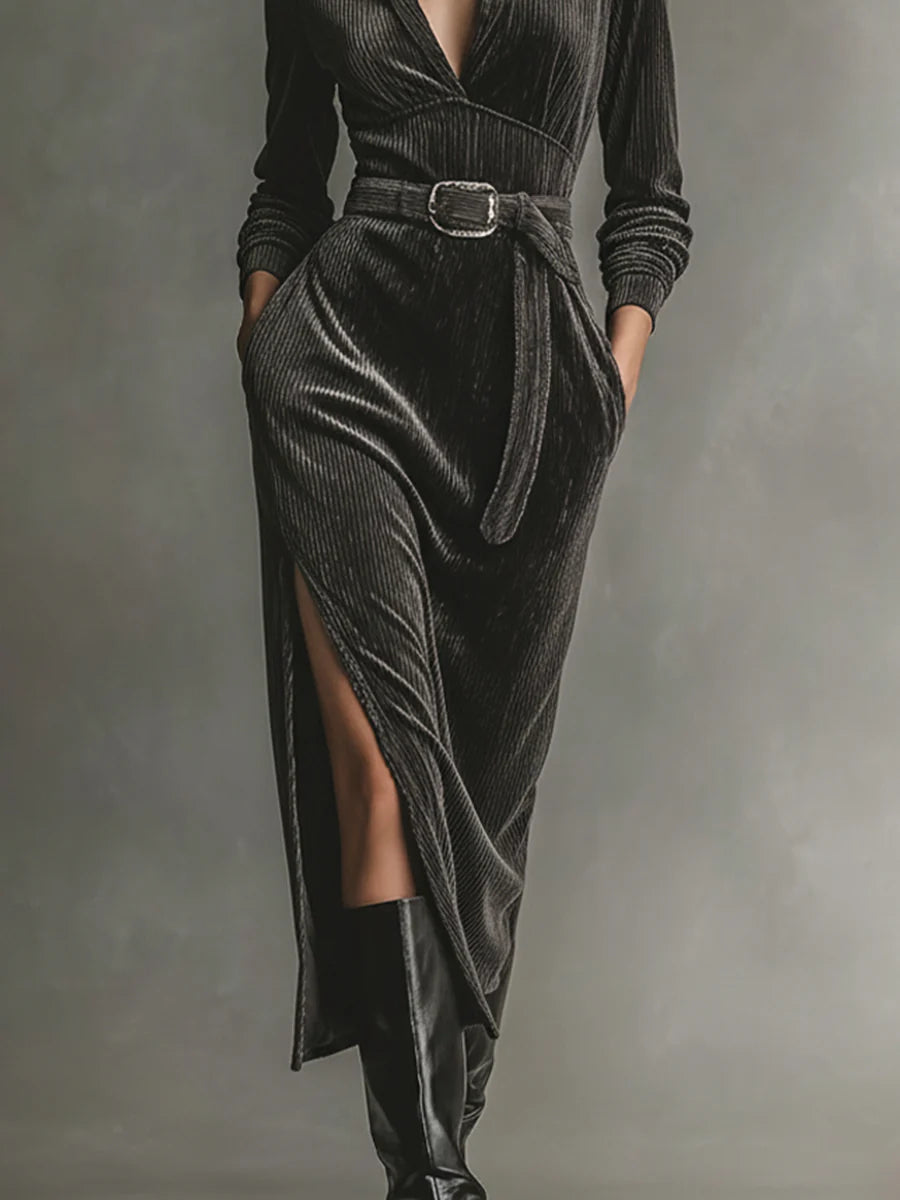 Isabelle™ | Corduroy Dress With Tie Neck And Side Slits