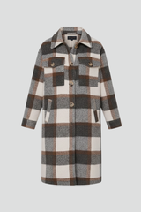 Women’s Long Coat with Button Front and Checked Woven Surface