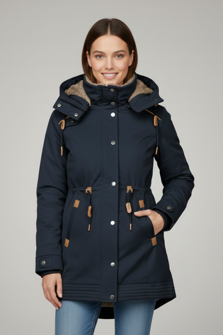 Women’s Parka Jacket with Hood and Drawcord Waist