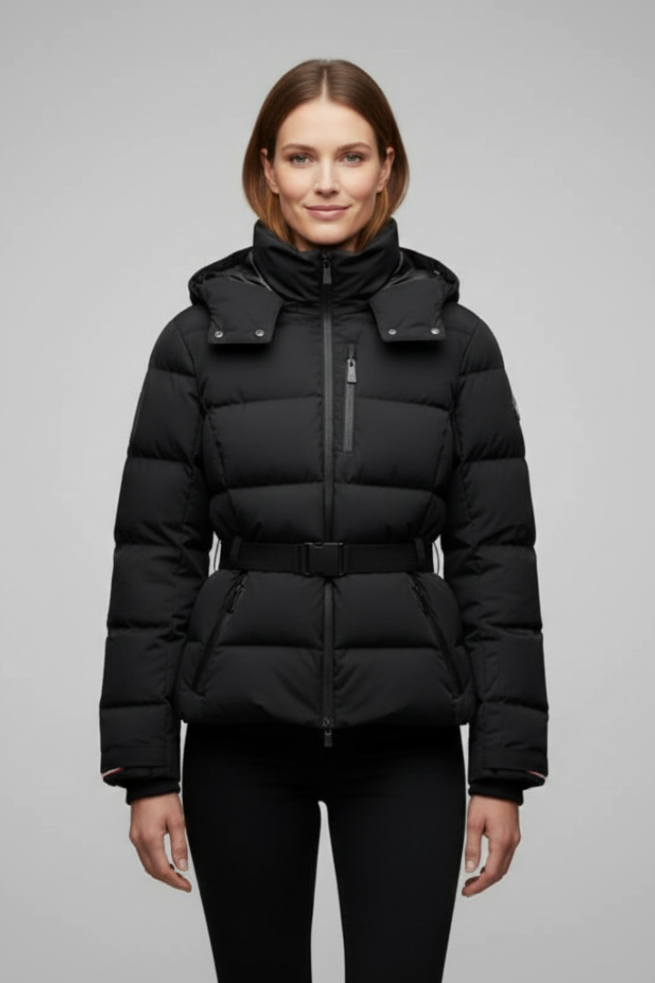 Women’s Puffer Jacket with Belted Waist and Stand-Up Collar