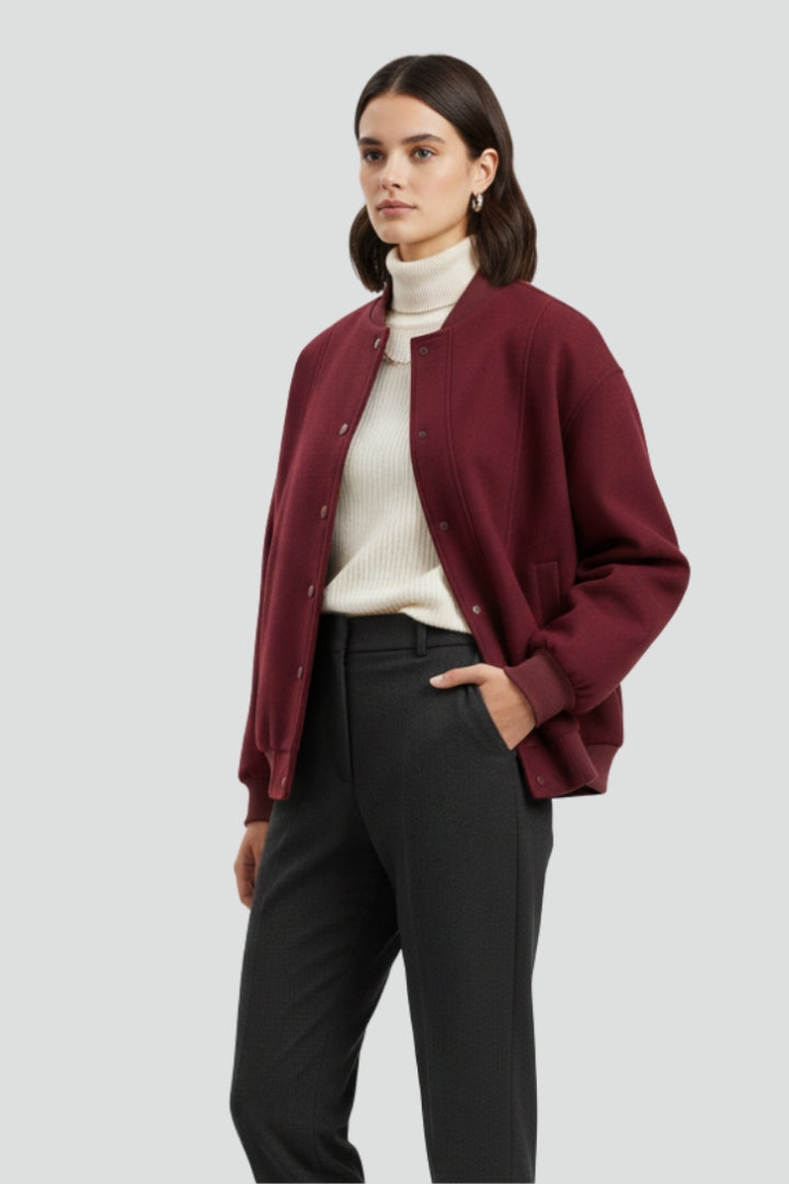 Women’s Varsity Jacket with Snap Closure and Ribbed Trim