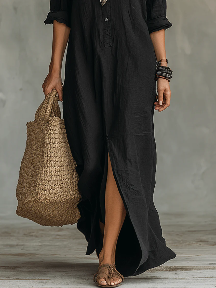 Soline™ | Relaxed V-Neck Button Maxi Dress