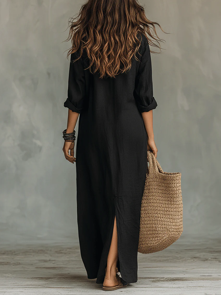 Soline™ | Relaxed V-Neck Button Maxi Dress