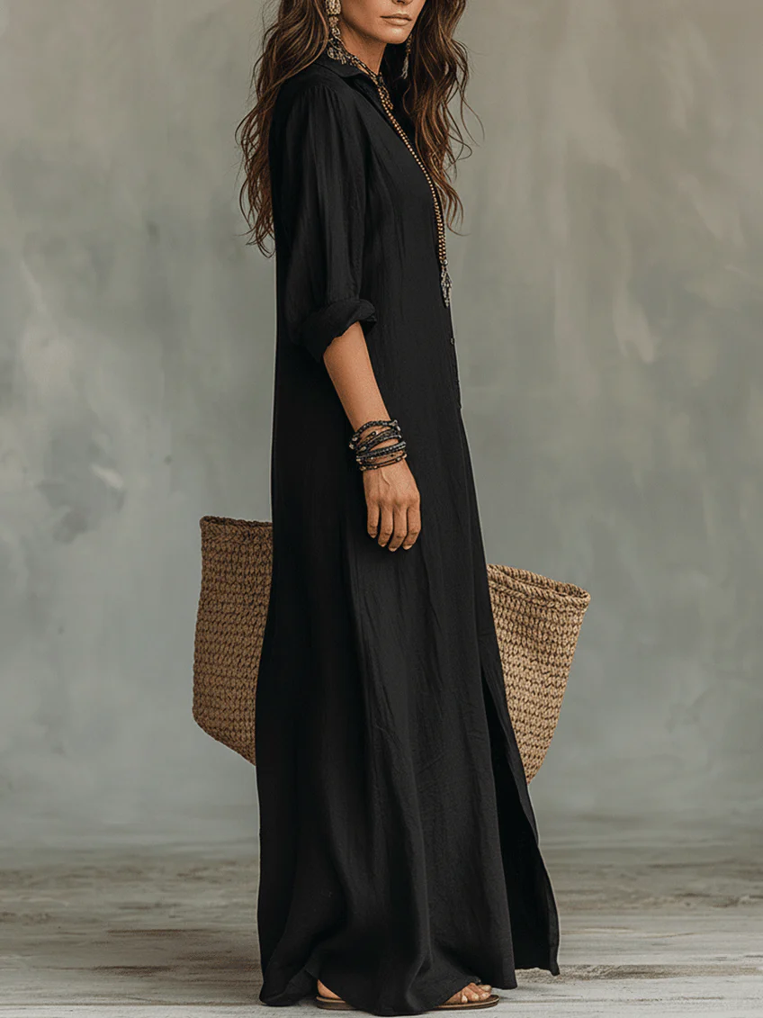 Soline™ | Relaxed V-Neck Button Maxi Dress