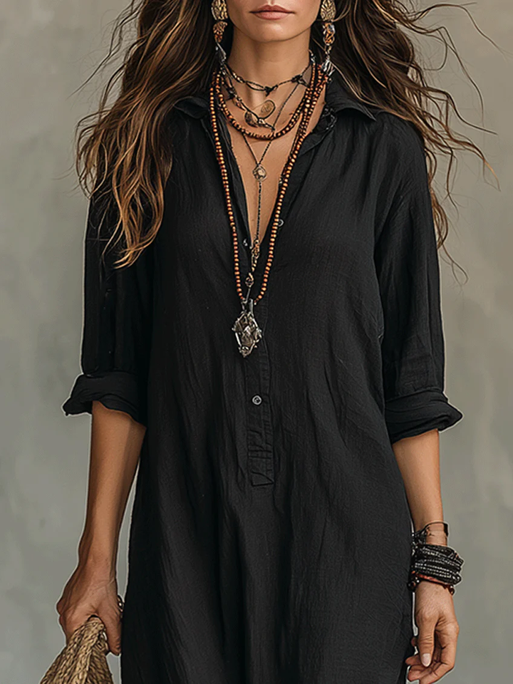 Soline™ | Relaxed V-Neck Button Maxi Dress