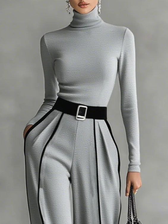 Jasmine™ | High-Neck Long Sleeve Top And Wide-Leg Pants Set