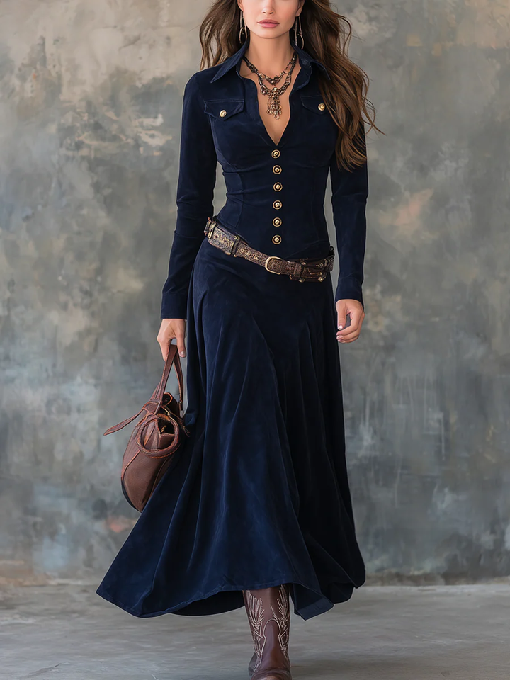 Daphne™ | Button-Detail Long Suede Dress