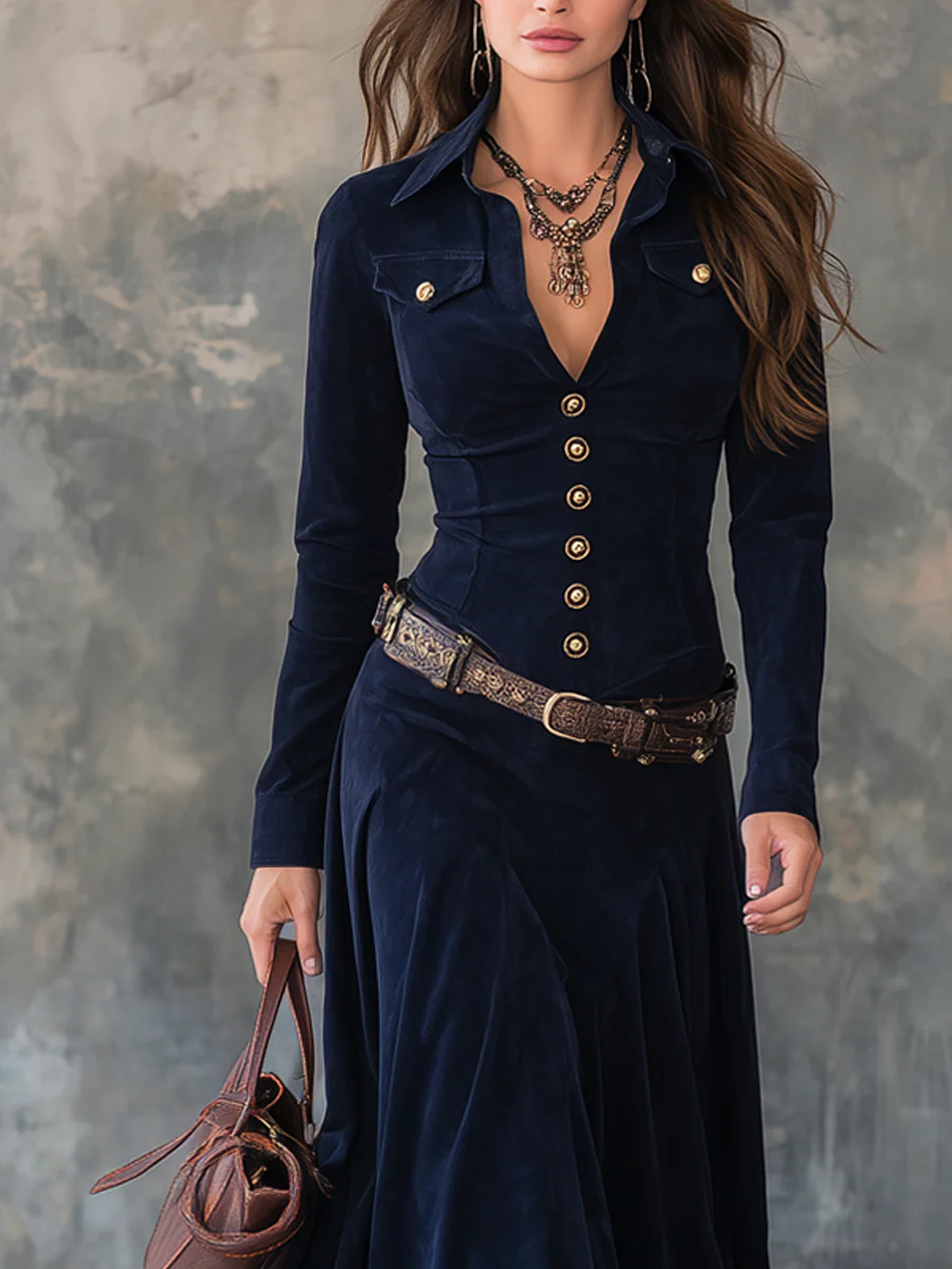 Daphne™ | Button-Detail Long Suede Dress