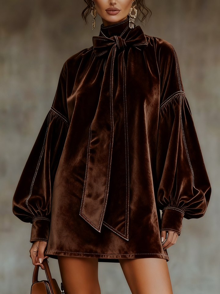 Mia™ | Velvet Bow Lantern Sleeve Mini Dress