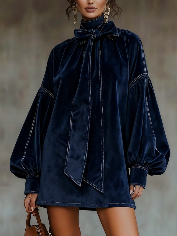 Emily™ | Velvet Bow Lantern Sleeve Mini Dress