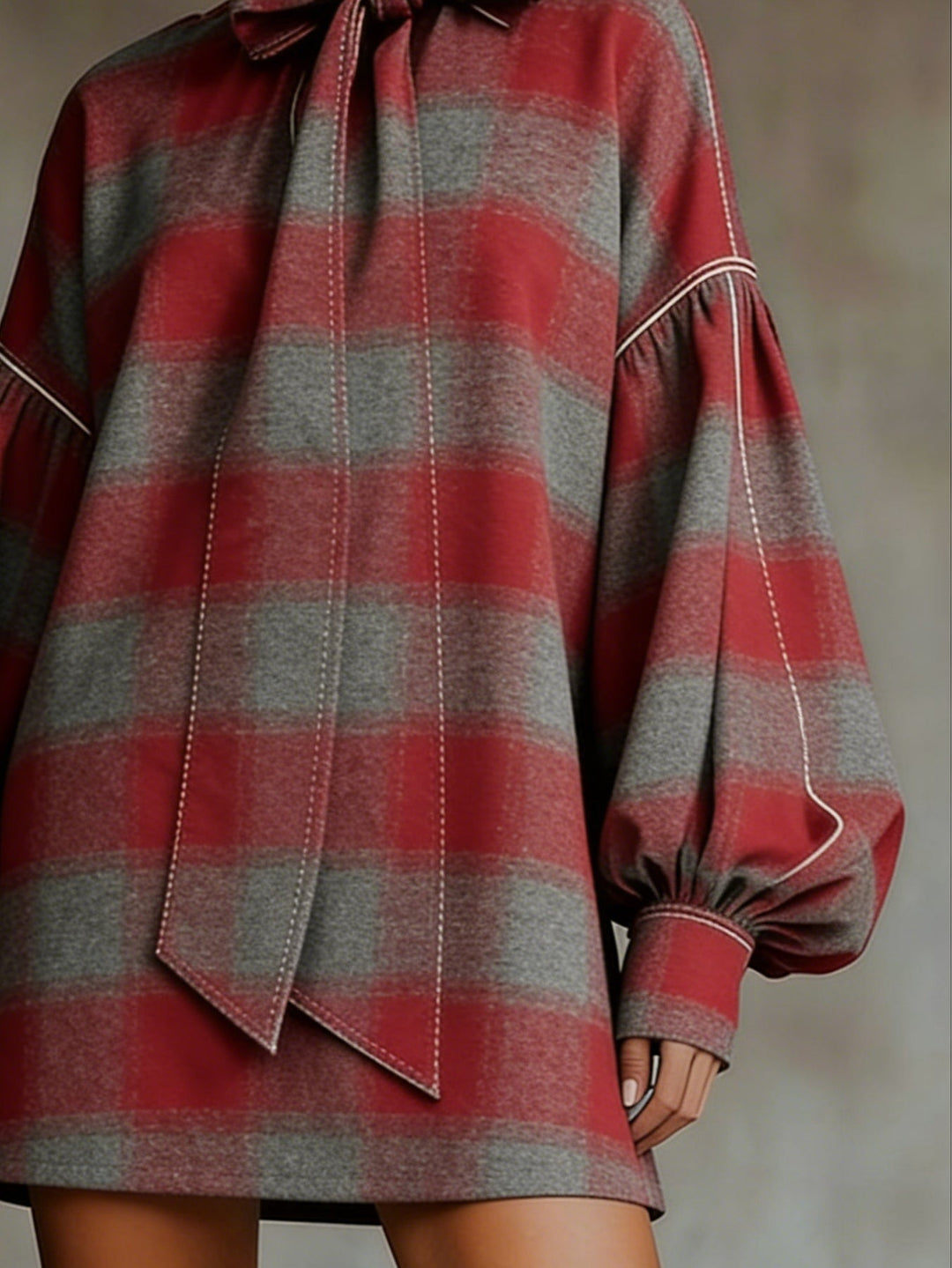 Megan™ | Plaid Bow Lantern Sleeve Mini Dress