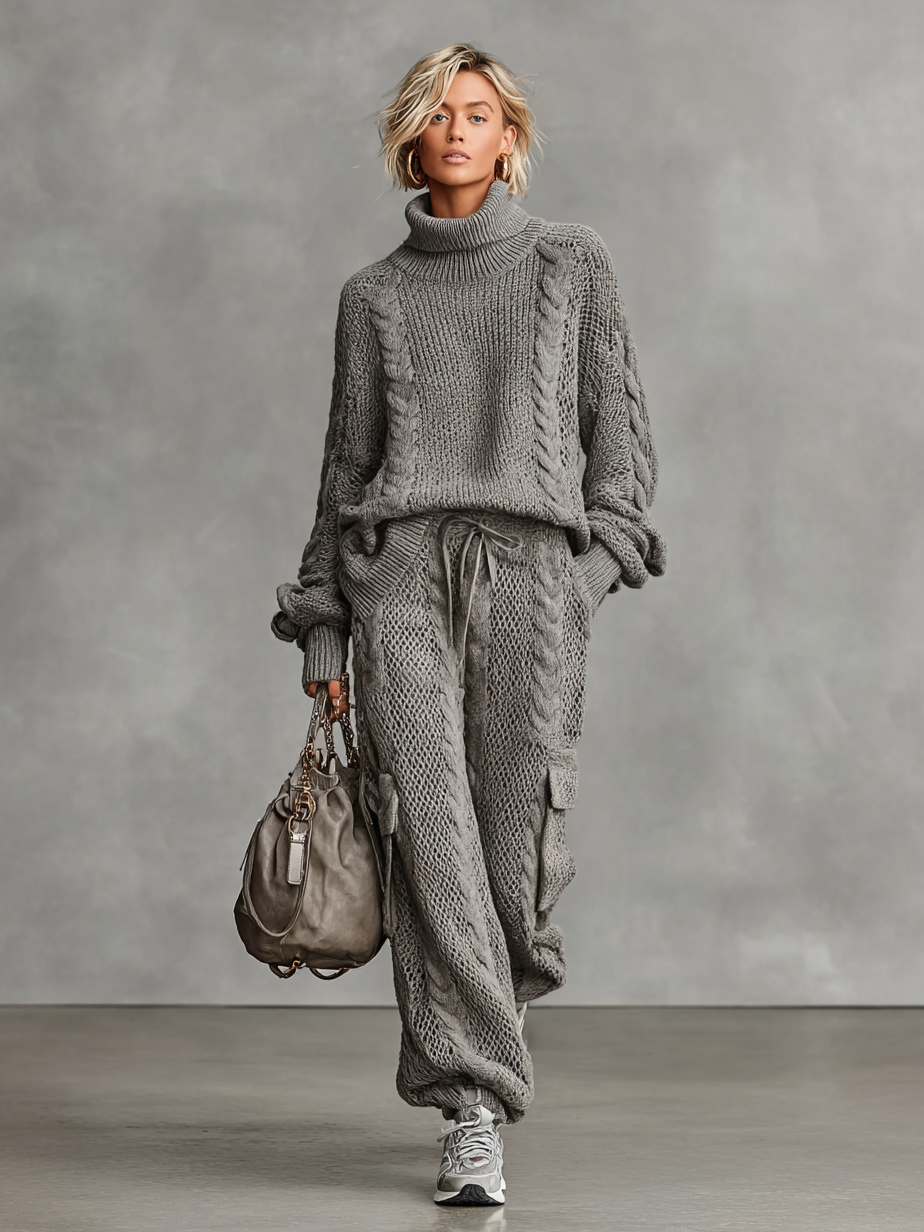 Mia™ | Cable Knit Turtleneck Sweater And Cargo Pants Set