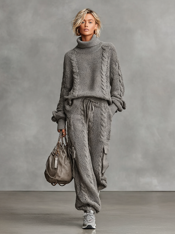 Mia™ | Cable Knit Turtleneck Sweater And Cargo Pants Set