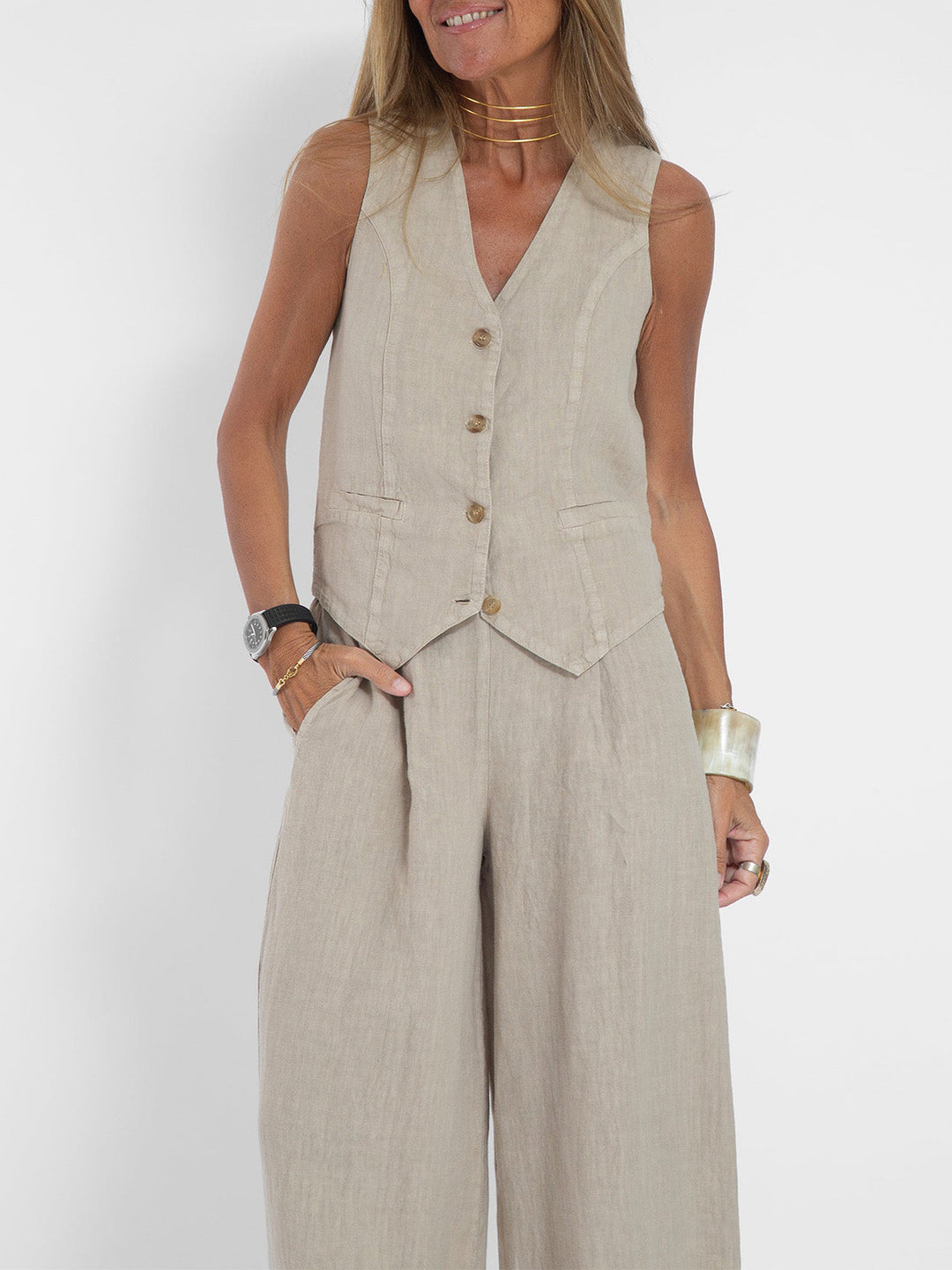 Aira™ – Buttoned Vest &amp; Wide-Leg Trousers Set