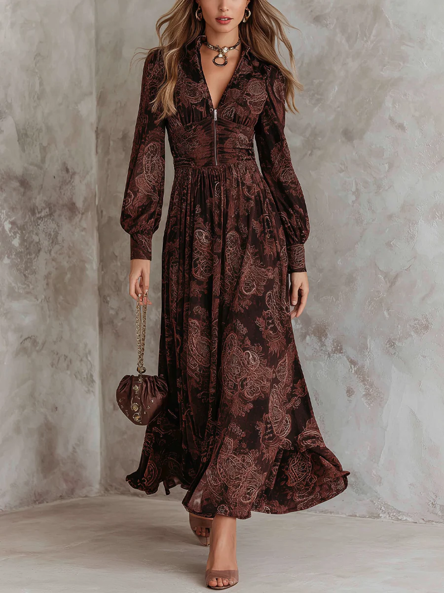 Lila™ | Brown Paisley Zippered Maxi Dress