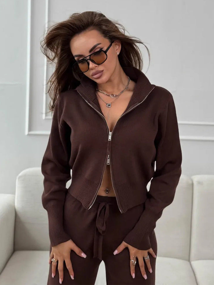 Emily™ | Drawstring Wide Leg Pants And Zip Jacket Set