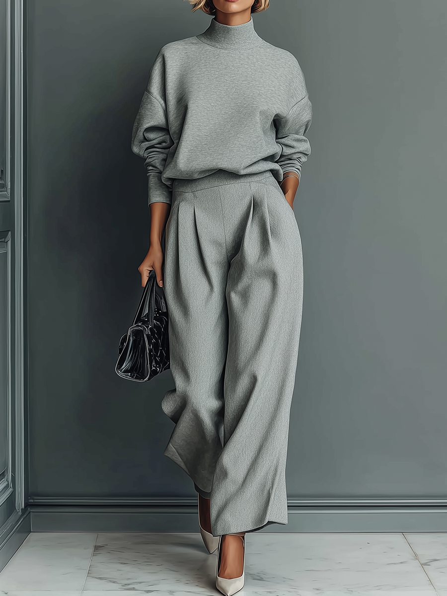 Jessica™ | Grey Blended Sweatshirt And Wide-Leg Pants Set