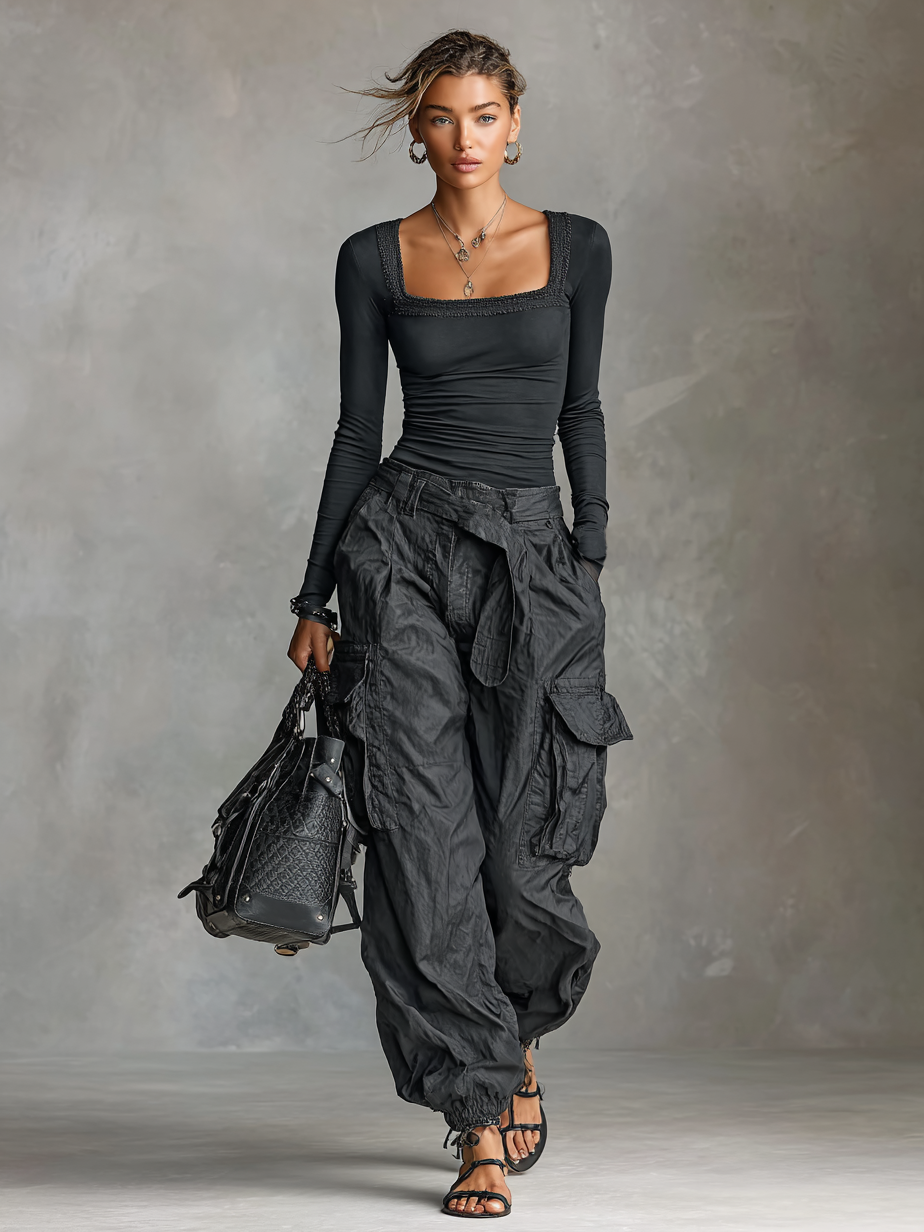 Jessica™ | Square Neck Long Sleeve T-Shirt And Cargo Pants Set