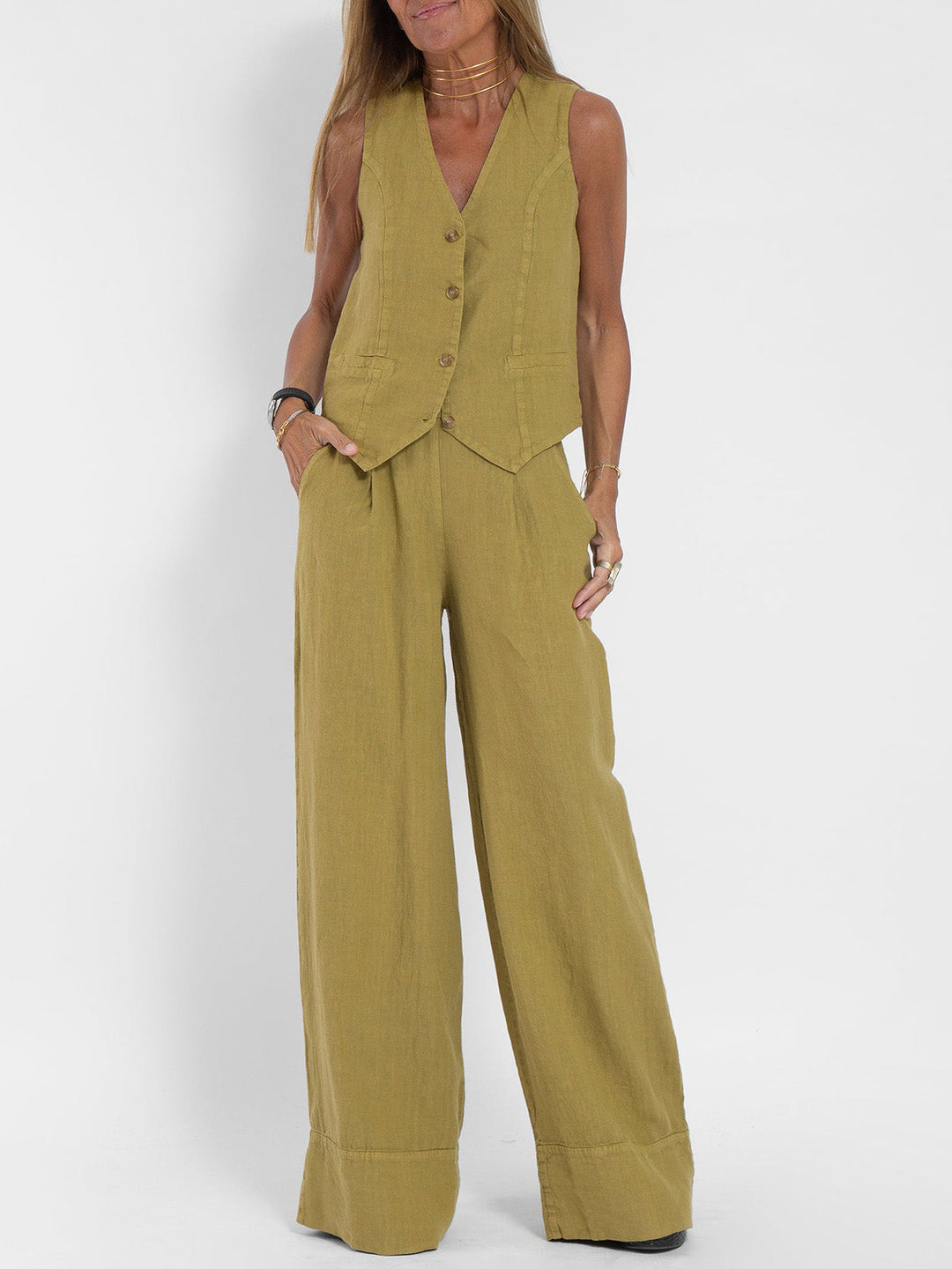 Aira™ – Buttoned Vest &amp; Wide-Leg Trousers Set